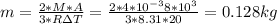 m= \frac{2*M*A}{3*R\Delta T} = \frac{2*4*10 ^{-3} 8*10 ^{3} }{3*8.31*20} =0.128kg