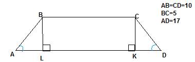 Основание равнобедренной трапеции равны 5 и 17 а её боковые стороны равны 10 найти площадь тропеци.