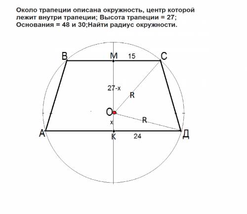 Около трапеции описана окружность, центр которой лежит внутри трапеции; высота трапеции = 27; основа