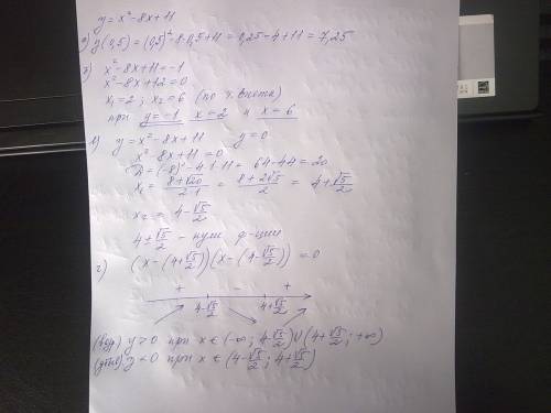 Y=x^2-8x+11 a) найти у при х=0,5 б) найти х при котором у=-1 в) найти нули функции х при которых у&g