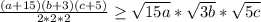 \frac{(a+15)(b+3)(c+5)}{2*2*2} \geq \sqrt{15a}*\sqrt{3b}*\sqrt{5c}