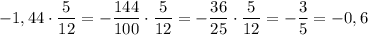 -1,44\cdot\dfrac 5{12}=-\dfrac {144}{100}\cdot\dfrac 5{12}=-\dfrac {36}{25}\cdot\dfrac 5{12}=-\dfrac 35=-0,6