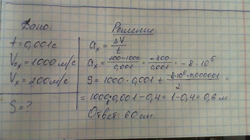 9снаряд, летящий со скоростью 1000 м/с, пробивает стенку блиндажа за 0,001 с и после этого его скоро