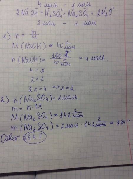 Сколько грамм сульфата натрия получится при реакции нейтрализации 160 грамм гидрооксида натрия с сер