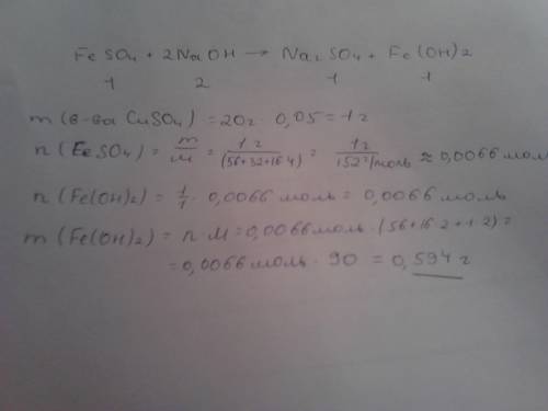 Вычислите массу осадка, который образуется при взаимодействии 20г, 5% раствора сульфата железа2. с р