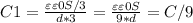 C1= \frac{\varepsilon \varepsilon 0S/3}{d*3} = \frac{\varepsilon \varepsilon 0S}{9*d} =C/9