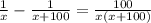 \frac{1}{x} - \frac{1}{x+100} = \frac{100}{x(x+100)}