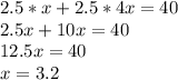 2.5*x+2.5*4x=40\\2.5x+10x=40\\12.5x=40\\x=3.2