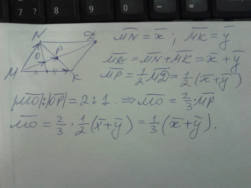 Втреугольнике mnk o-точка пересечения медиан, mn(вектор) = вектору x ; mk(вектор) = вектору y; mo(ве