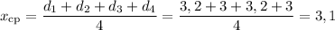 x_{\text{cp}} = \dfrac{d_{1}+d_{2}+d_{3}+d_{4}}{4} = \dfrac{3,2+3+3,2+3}{4} = 3,1