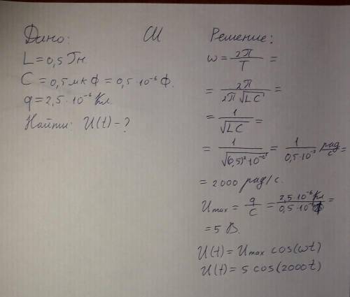 Колебательный контур состоит из катушки индуктивностью 0,5 гн и конденсатора ёмкостью 0,5 мкф. конде