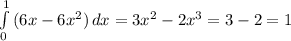 \int\limits^1_0 {(6x-6x^2)} \, dx =3x^2-2x^3=3-2=1