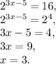 2^{3x-5}=16, \\ 2^{3x-5}=2^4, \\ 3x-5=4, \\ 3x=9, \\ x=3.