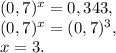 (0,7)^{x}=0,343, \\ (0,7)^{x}=(0,7)^3, \\ x=3.