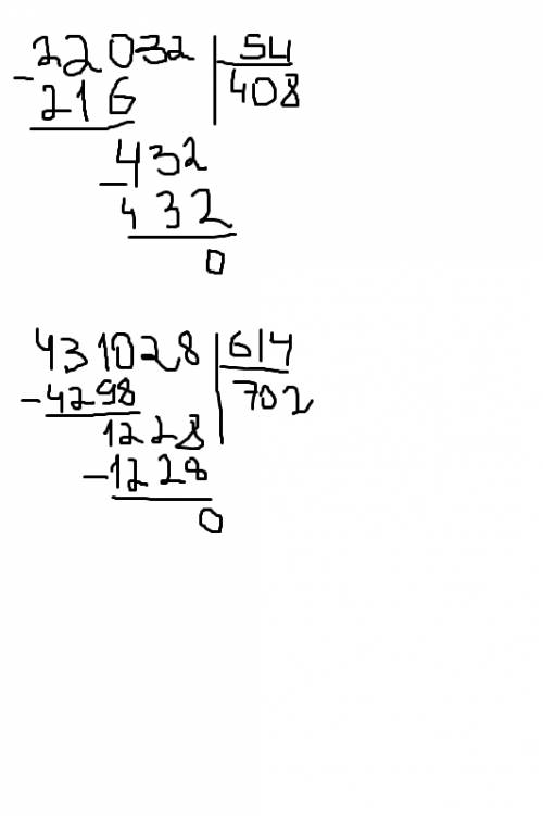 Решите в 22032÷54 431028÷614 можете нарисовать в пэйнте и скинуть мне картинку. или написать на тетр