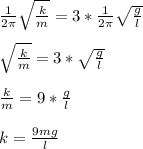 \frac{1}{2 \pi } \sqrt{ \frac{k}{m} } = 3*\frac{1}{2 \pi } \sqrt{ \frac{g}{l} } \\ \\ \sqrt{ \frac{k}{m} }=3*\sqrt{ \frac{g}{l} } \\ \\ \frac{k}{m}=9*\frac{g}{l} \\ \\ k= \frac{9mg}{l}