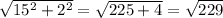 \sqrt{15^2 + 2^2} = \sqrt{225+4}=\sqrt{229}