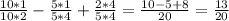 \frac{10*1}{10*2}-\frac{5*1}{5*4}+\frac{2*4}{5*4}=\frac{10-5+8}{20} = \frac{13}{20}