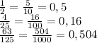 \frac12=\frac5{10}=0,5\\\frac4{25}=\frac{16}{100}=0,16\\\frac{63}{125}=\frac{504}{1000}=0,504