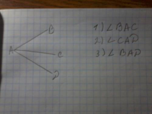 Начертите лучи ab,ас,аd.запишите названия трёх углов сторонами которых являются эти лучи