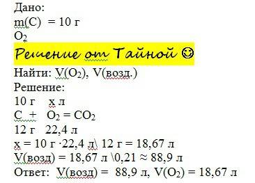Вычислить объём кислорода и воздуха необходимого для сжигания 10 гр. угля.
