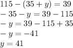 115-(35+y)=39 \\ -35-y=39-115 \\ -y=39-115+35 \\ -y=-41 \\ y=41