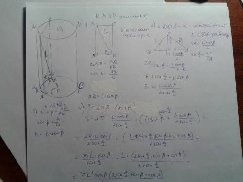 Параллельно оси цилиндра проведена плоскость,отсекающая от окружности основания дугу α. диагональ по