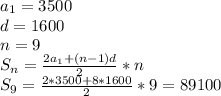 a_1=3500\\d=1600\\n=9\\S_n= \frac{2a_1+(n-1)d}{2} *n\\S_9= \frac{2*3500+8*1600}{2} *9=89100&#10;