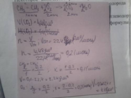 Какие объёмы этилена и кислорода вступили в реакцию, если образовалось 4,48 дм3 оксида углерода (4)?
