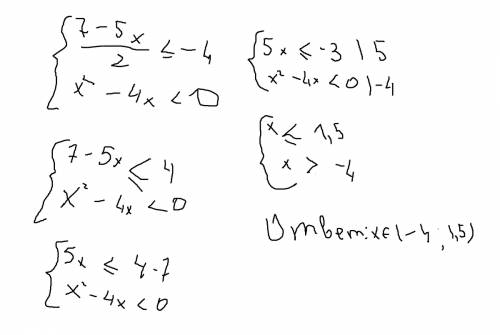 Решите систему неравенств 7-5х ― ≤ -4 2; х²-4х< 0 (всё это под фигурной скобкой + в первом выраже