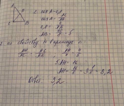 Втреугольнике abc угол aсb равен 90, cos a =0,8, ac = 4. отрезок ch высота треугольника abс найдите