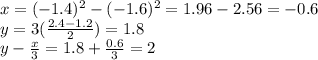 x=(-1.4)^2-(-1.6)^2=1.96-2.56=-0.6 \\ y=3( \frac{2.4-1.2}{2})=1.8 \\ y- \frac{x}{3} =1.8+ \frac{0.6}{3} =2