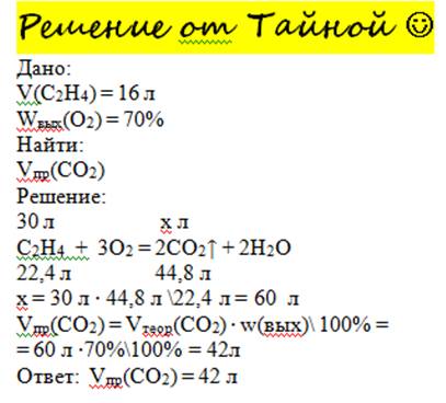Который объем карбона 4 оксида выделится при сжигании 30л этилена, если выход продукта составляет 0,