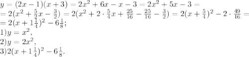 y=(2x-1)(x+3)=2x^2+6x-x-3=2x^2+5x-3= \\ =2(x^2+ \frac{5}{2}x-\frac{3}{2})=2(x^2+ 2\cdot\frac{5}{4}x+ \frac{25}{16} - \frac{25}{16} -\frac{3}{2})=2(x+ \frac{5}{4})^2 - 2\cdot\frac{49}{16} =\\ = 2(x+ 1\frac{1}{4})^2 - 6\frac{1}{8}; \\&#10;1) y=x^2, \\&#10;2) y=2x^2, \\&#10;3) 2(x+ 1\frac{1}{4})^2 - 6\frac{1}{8}.