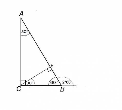 Внешний угол прямоугольного треугольника в 2 раза больше угла, смежного с ним. найдите меньший отрез