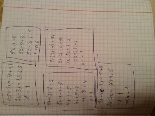 5x-3=0 0,5+2x=3x+1,5 5x-(x+3)=5 2+(3x-4)=5x 2x-4-3x-5=-8