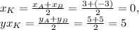 x_K= \frac{x_A+x_B}{2}= \frac{3+(-3)}{2}=0, \\yx_K= \frac{y_A+y_B}{2}= \frac{5+5}{2}=5