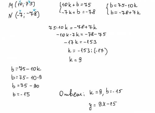 Известно что точки m (10; 75) и n (-7; -78) принадлежат графикк y=kx+b. найдите k и !