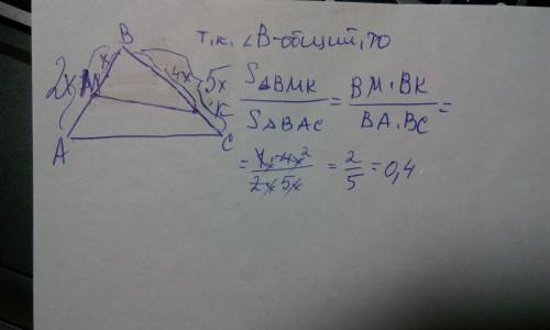 Втреугольнике abc на сторонах ab и bc отмечены точки m и k соответственно так, что bm : ab = 1: 2 ,а