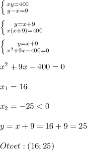 \left \{ {{xy=400} \atop {y-x=9}} \right.\\\\\left \{ {{y=x+9} \atop {x(x+9)=400}} \right. \\\\\left \{ {{y=x+9} \atop {x^{2}+9x-400=0 }} \right.\\\\x^{2}+9x-400=0\\\\x_{1}=16\\\\x_{2}=-25