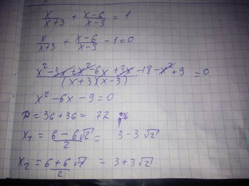 Решите уравнение. x/x+3 + x-6/x-3 =1. распишите решение.