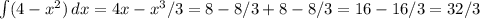 \int\limits( 4-{x^2} )\, dx =4x-x^3/3=8-8/3+8-8/3=16-16/3=32/3