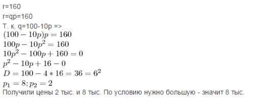 Зависимость объема спроса q на продукцию некоторого предприятия от цены р задается формулой q=100-10