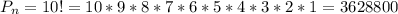 P_{n}=10! = 10 * 9 * 8 * 7 * 6 * 5 * 4 * 3 * 2 * 1 = 3 628 800