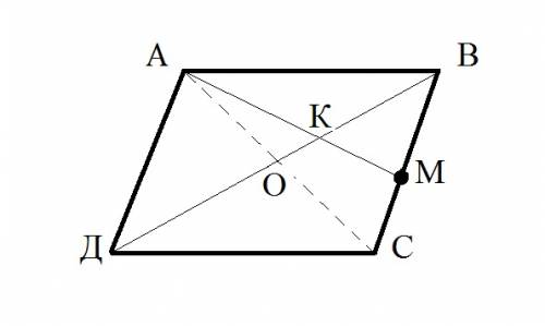 Впараллелограмме авсd отмечена точка m —середина стороны вс . отрезки вd и amпересекаются в точке k