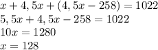 x+4,5x+(4,5x-258)=1022\\5,5x+4,5x-258=1022\\10x=1280\\x=128