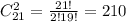 C_{21}^2=\frac{21!}{2!19!}=210