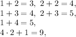 1+2=3, \ 2+2=4, \\&#10;1+3=4, \ 2+3=5, \\ &#10;1+4=5, \\ 4\cdot2+1=9,