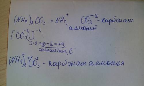 (nh4)2co3 - назвать соединение. определить степень окисления подчеркнутых элементов ( с )