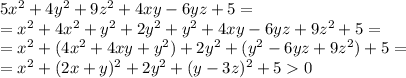 5x^2+4y^2+9z^2+4xy-6yz+5=&#10;\\\&#10;=x^2+4x^2+y^2+2y^2+y^2+4xy-6yz+9z^2+5=&#10;\\\&#10;=x^2+(4x^2+4xy+y^2)+2y^2+(y^2-6yz+9z^2)+5=&#10;\\\&#10;=x^2+(2x+y)^2+2y^2+(y-3z)^2+50